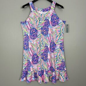 Lulu-B Pink Pineapple Ruffle Dress Women’s Size L Sleeveless Colorful Southern